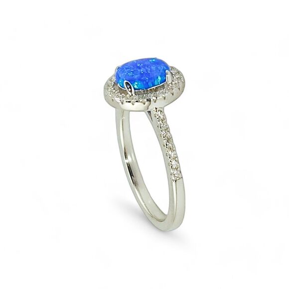 Sterling Silver 925 Blue Lab Opal and Clear CZ Oval Halo Ring - Picture 4 of 7